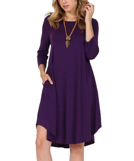 42POPS Women Dark Purple Crewneck Three-Quarter Sleeve Pocket Tunic Dress size M