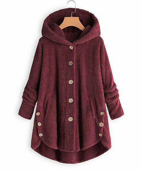 Wine Side-Pocket Plush Hooded Button-Up Coat size 3XL