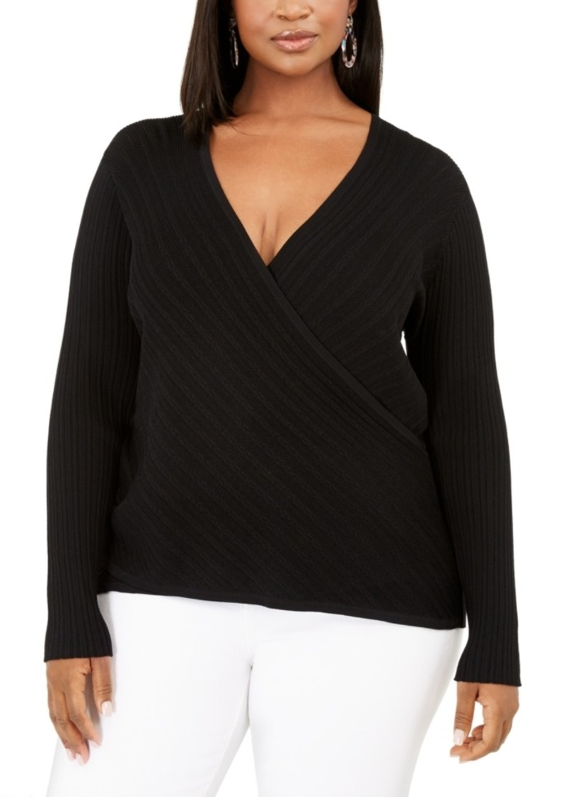 INC International Concepts - Plus Size Pointelle Surplice Sweater in Deep Black
