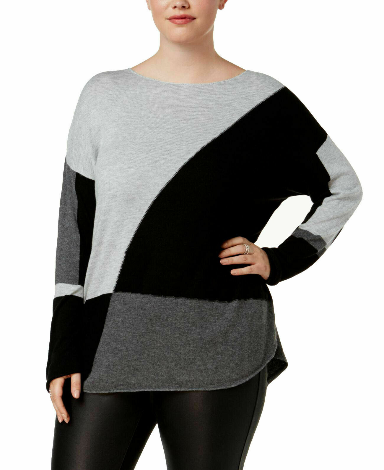INC International Concepts - Plus Size Long-Sleeve High-Low Sweater in Grey Colorblock