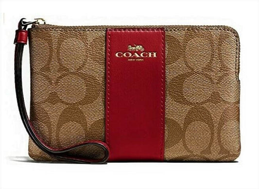 Coach Corner Zip Wristlet in Khaki/Cherry