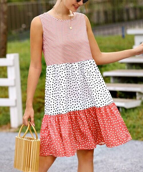 Stripe Polka Dot Contrast Tiered Sleeveless Dress size M