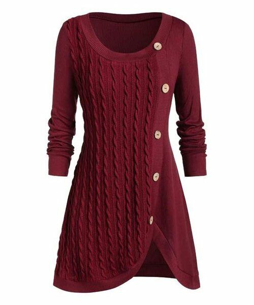 Wine Cable-Knit Button-Accent Tulip Tunic size L
