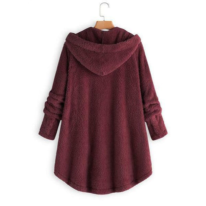 Yokodea - Burgundy Fleecy Button-Up Hooded Coat