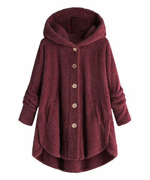 Yokodea - Burgundy Fleecy Button-Up Hooded Coat