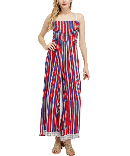 Simply Boho LA Striped Sleeveless Jumpsuit In Red & Blue Stripe Crochet-Trim