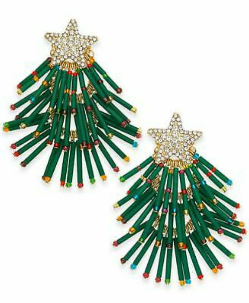 INC Gold-Tone Pavé & Multicolor Bead Holiday Tree Drop Earrings