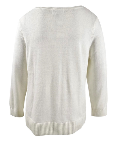 Karen Scott - Plus Size White Cable-Knit Trimmed Sweater