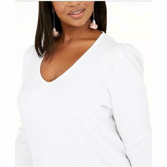 INC International Concepts Plus Size White Ribbed-Knit Puff-Sleeve Top size 2X