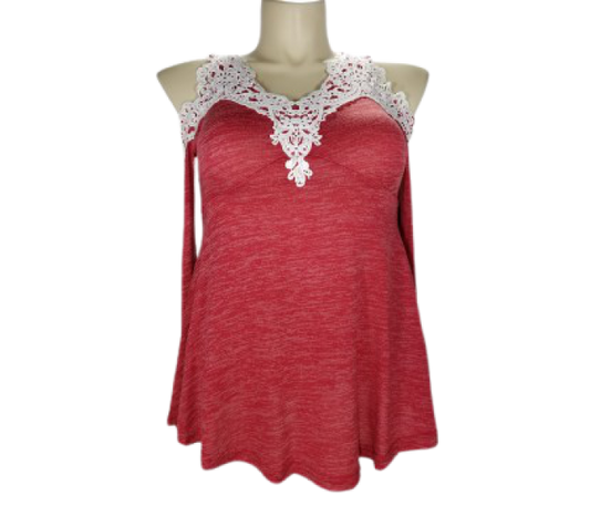 DressFo Lace Trim Holiday Top with Cut out Shoulders M