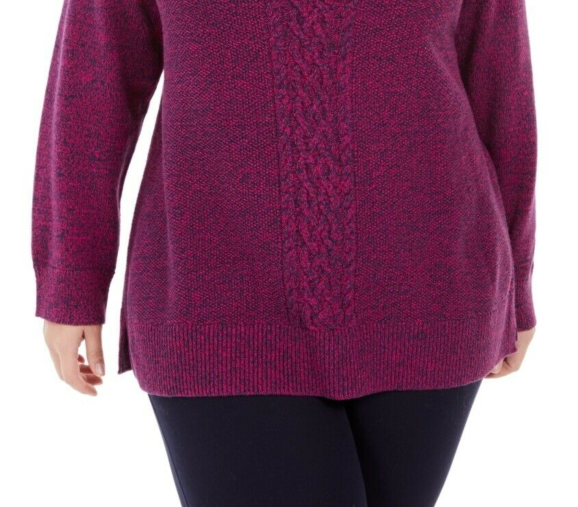 Karen Scott - Plus Size Fuchsia Marled Cable-Knit Panel Sweater