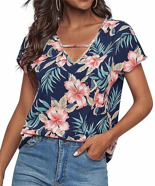 Royal Blue & Pink Floral V-Neck Tee size XL