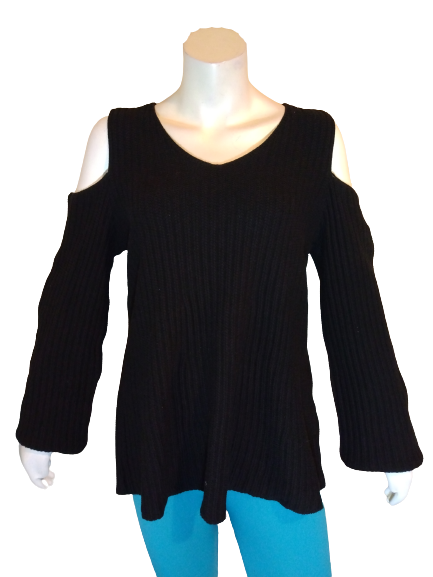 NY Collection Woman Deep Black Cold Shoulder Knit Sweater