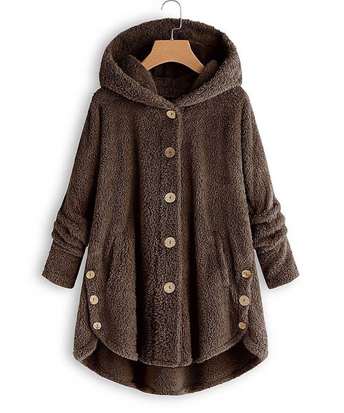 Women Hooded Coat Coffee Side-Pocket Plush Button-Up Coat - Baisico