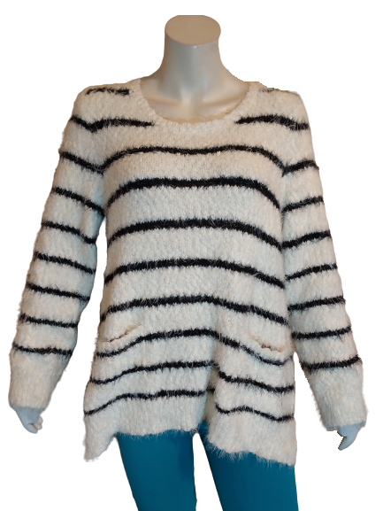 Style & Co Woman White/Black Loose Weave Striped Sweater