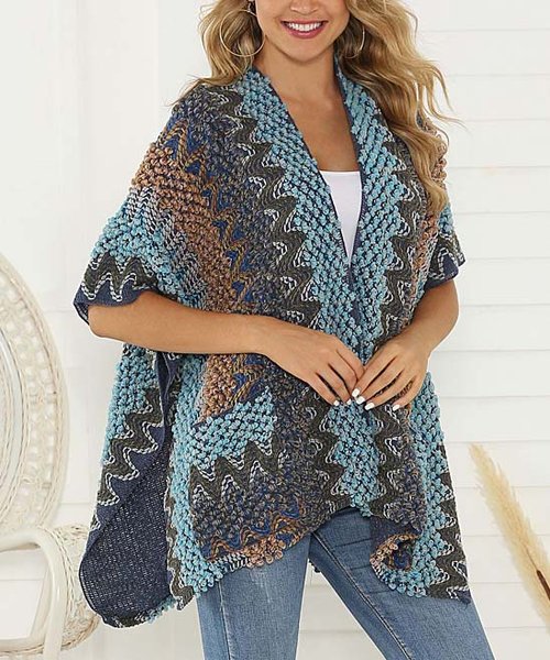 Belle de Jour Blue Patchwork Pocket Knit Open Poncho Cardigan
