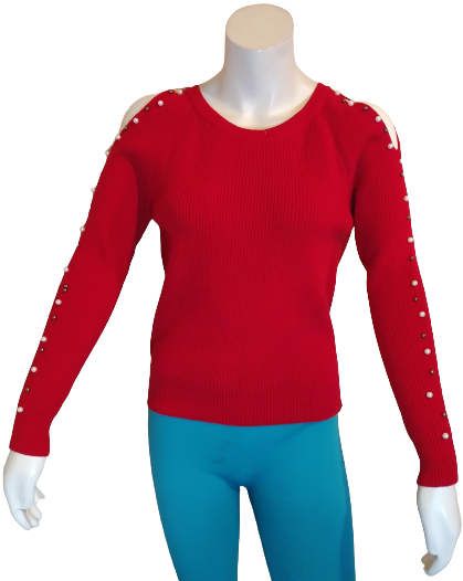Belle du Jour Red Beaded Trim Cutout Sweater