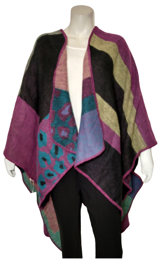 Urban Coco Striped/Patterned Poncho Fuchsia/Gray One Size