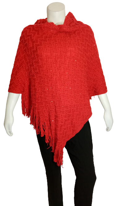Red Sequined Fringe Edged Asymmetrical Layered Poncho