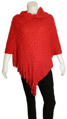 Red Sequined Fringe Edged Asymmetrical Layered Poncho