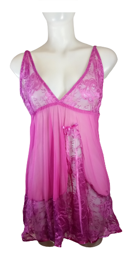 Fushia Bow Lace Detail Baby Doll Top-Thong Set