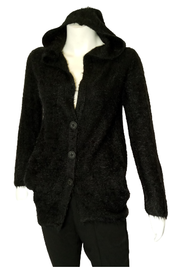 Siver Wishes Black Fuzzy Button Down Hooded Sweater With Pockets